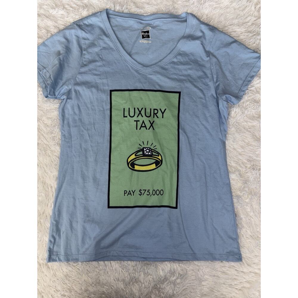 Hasbro Monopoly "Luxury Tax" v neck design sz. L tee. Fun, great shape